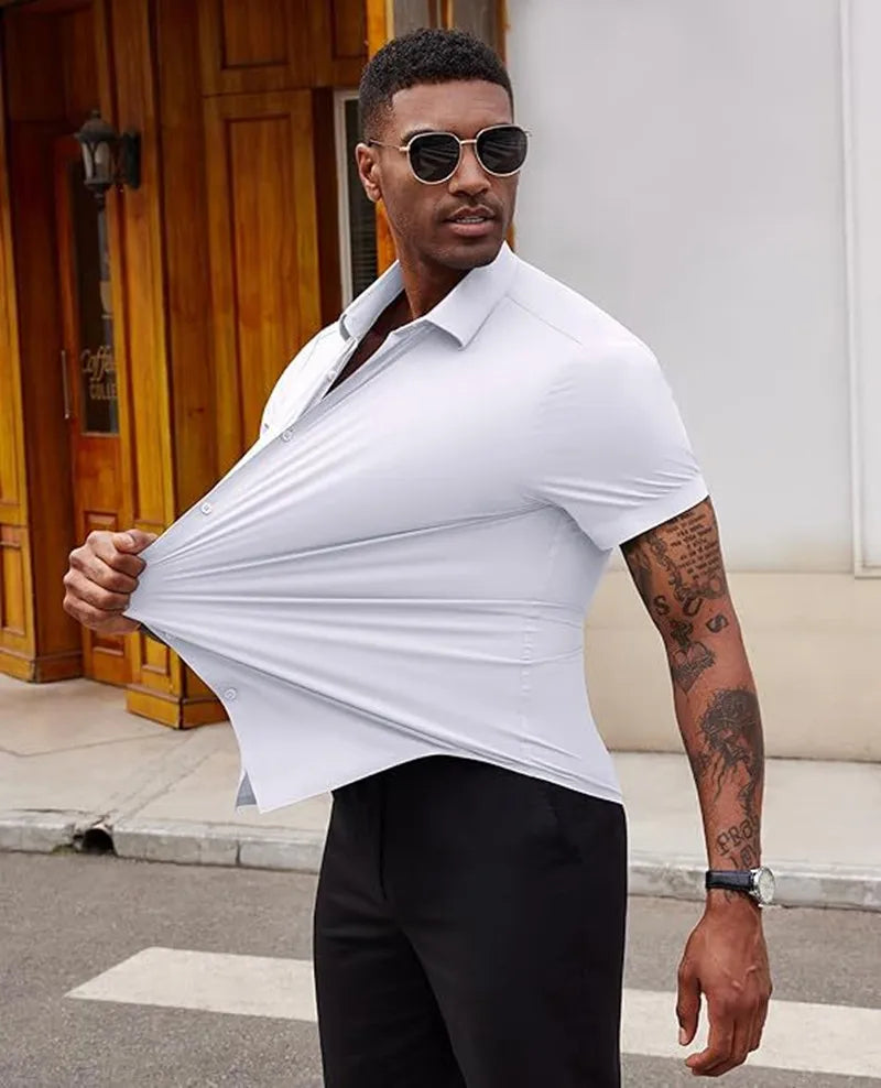 High Quality Summer Business Shirts for Men Short Sleeve Button Wrinkle Free Elasticity Social Black Office Dress Shirts US Size