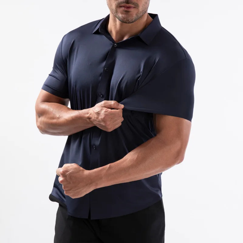 High Quality Summer Business Shirts for Men Short Sleeve Button Wrinkle Free Elasticity Social Black Office Dress Shirts US Size